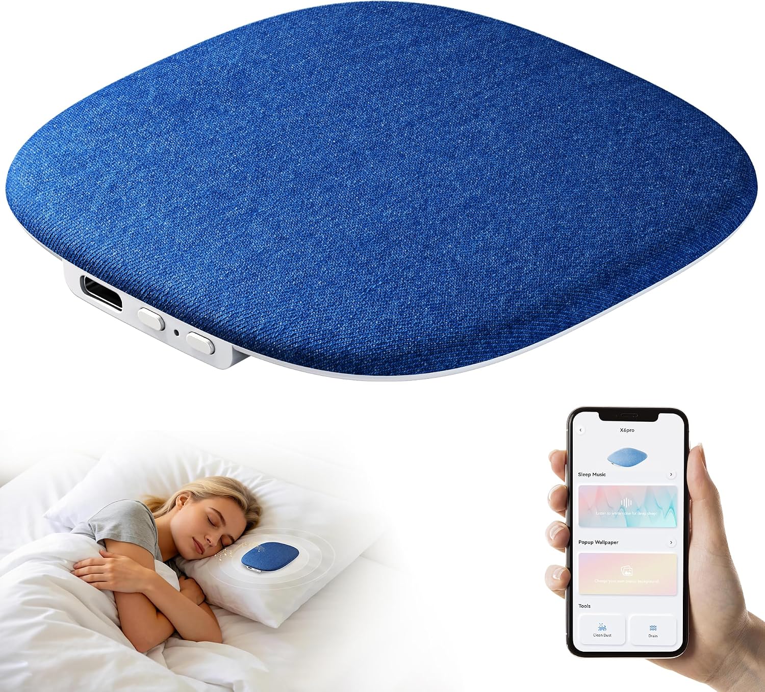 TAZATA Pillow Speaker for Sleeping, Built-in 100 White Noise Sound Machine + App Extendable, Ultra Thin Flat Portable Bluetooth Speaker Under Pillow for Side Sleeper, Auto-Off Timer (Blue)