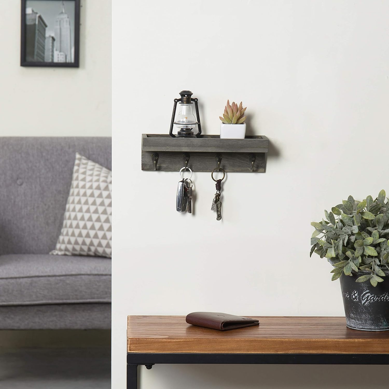 MyGift Vintage Grey Wood Wall Mounted Entryway Shelf with 4 Antique Metal Hooks: Home & Kitchen