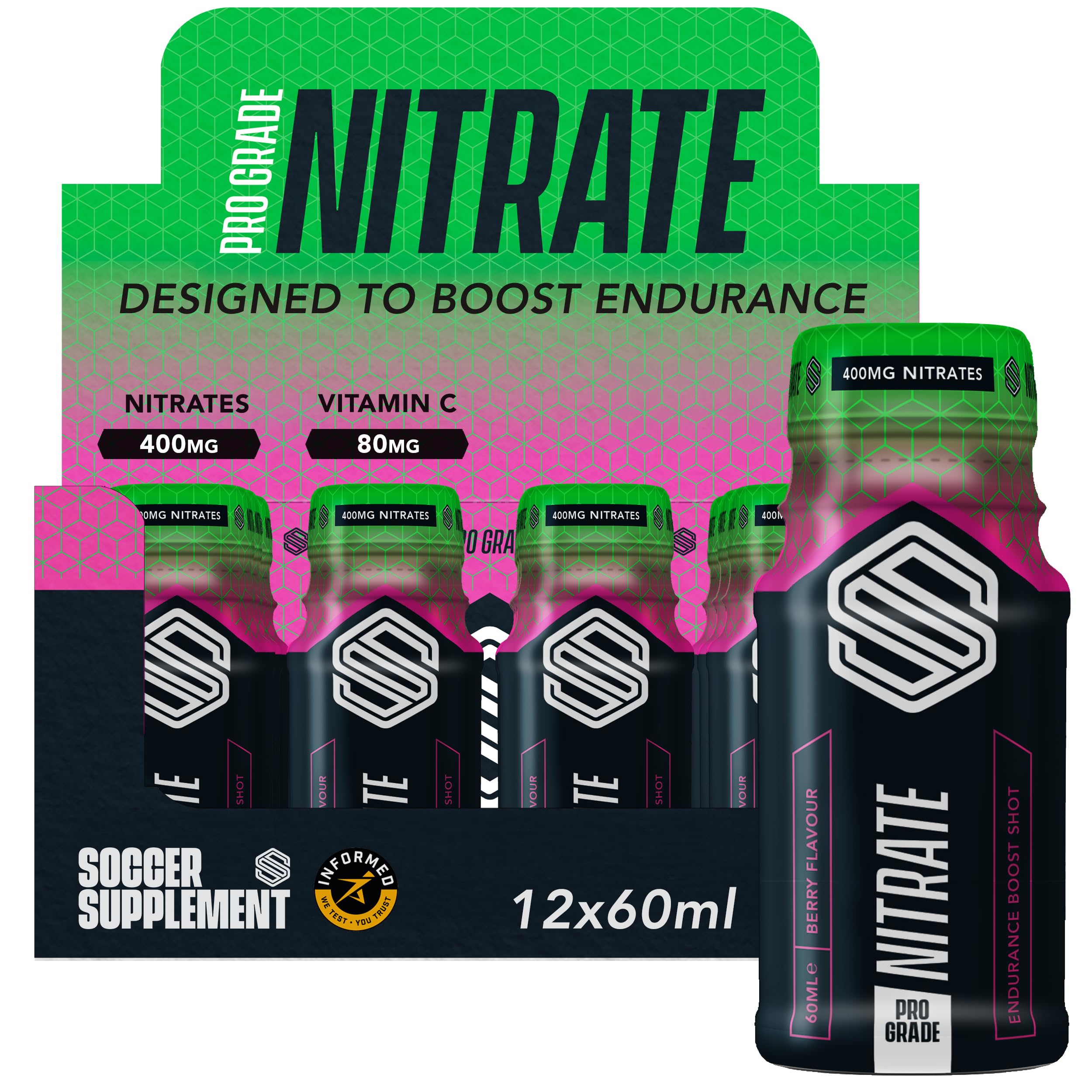 Soccer Supplement Pro Grade Nitrate Shot (12 Pack), 400mg of Nitrates with Vitamin C, Pre Workout Shot to Increase Endurance, Circulation and Energy