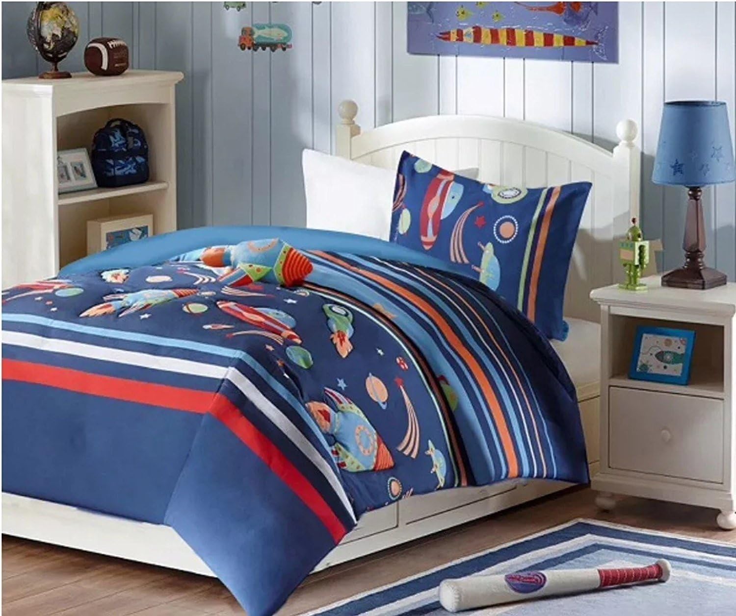 Twin Size Space Rocket And Solar System Comforter Set Includes