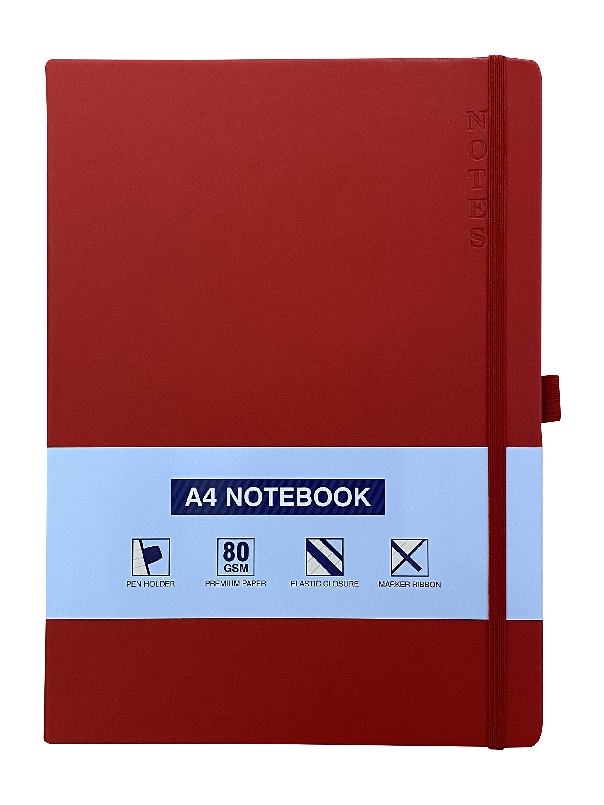 A4 Notebook Hardback Ruled Notepad Notes Lined Journal Diary with Pen Holder Premium Quality Casebound Book (Red)