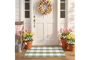 Spring Green and White Plaid Rug, 2'4" x 3'7" Cotton Blend Layered Doormat Rug for Front Door, Hand-Woven Washable Entryway &