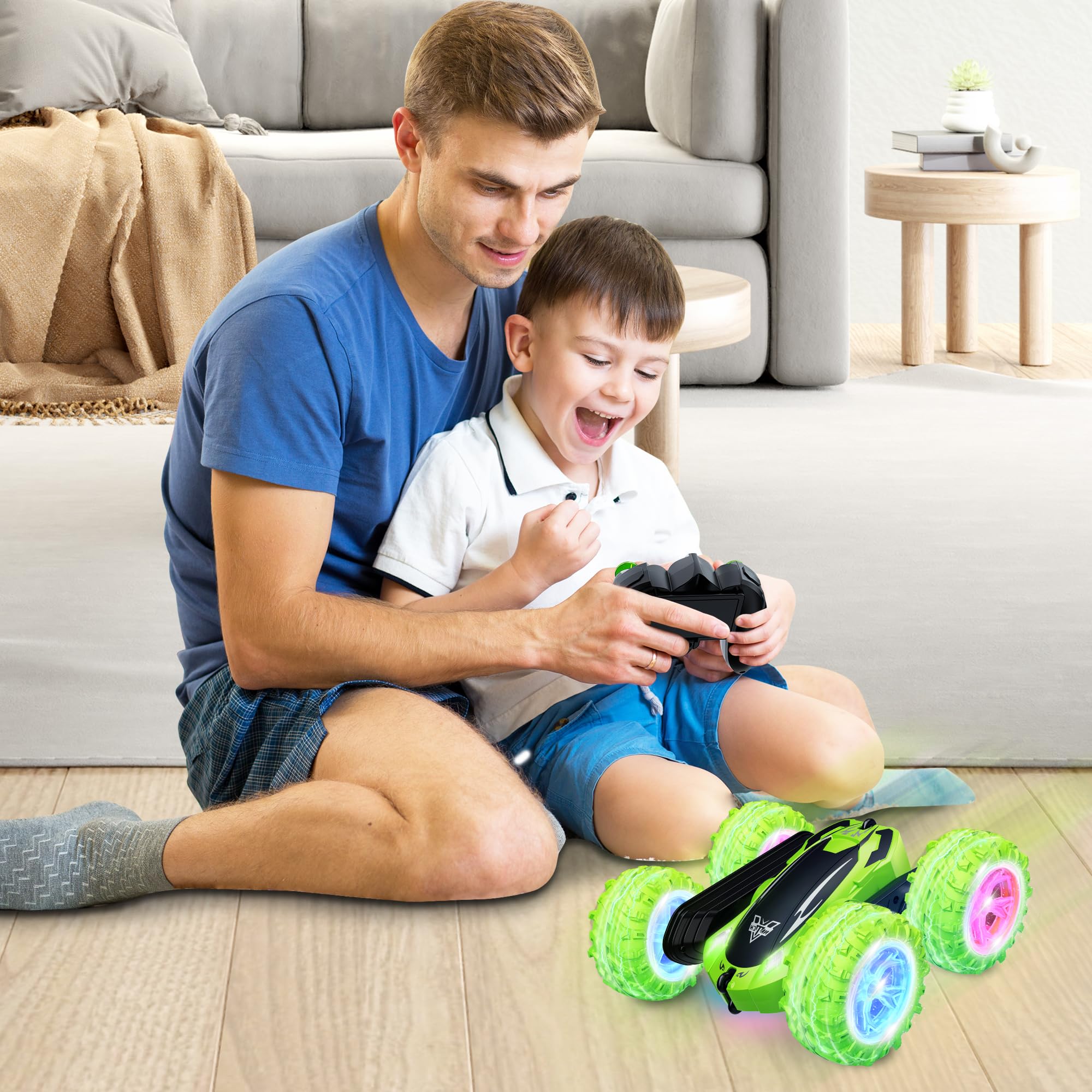 KKONES Remote Control Car, 2.4GHz Electric Race Stunt Car, Double Sided 360° Rolling Rotating Rotation, LED Headlights RC 4WD High Speed Off Road Gift for 3 4 5 6 7 8-12 Year Old Boy Toys (Green)