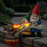 Garden Gnomes and Highland Cow Statue with Mushroom Solar Light, Couple Gnome Figurine for Outdoor Patio Lawn Porch Yard Edge Shelf Sitter Decoration, Garden Knome Holiday Indoor Decor, Love Gift