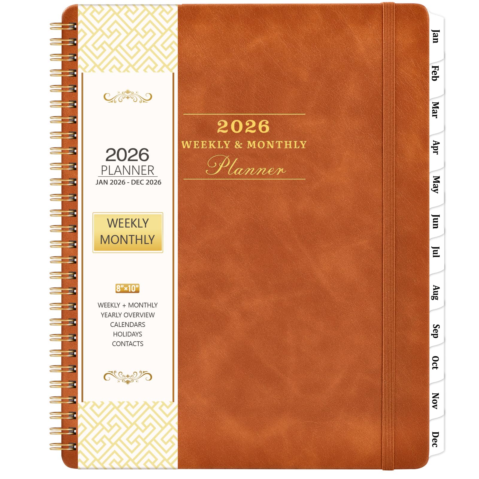 Photo 1 of 2026 Planner - January 2026 - December 2026, 2026 Weekly Monthly Planner, 8" x 10", Leather Brown Cover, Spiral Bound, Tabs