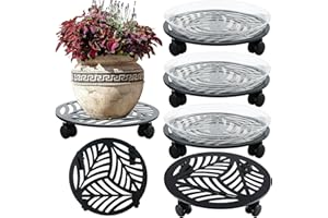 PLANTERHOMA 4 Packs Large Metal Plant Caddy with PU Wheels 13" Heav-duty Wroght Iron Rolling Plant Stands Indoor Outdoor Wheeled Plant Dolly Planter Mover Rollers Plant Trolley Cart, Plant Saucers Included