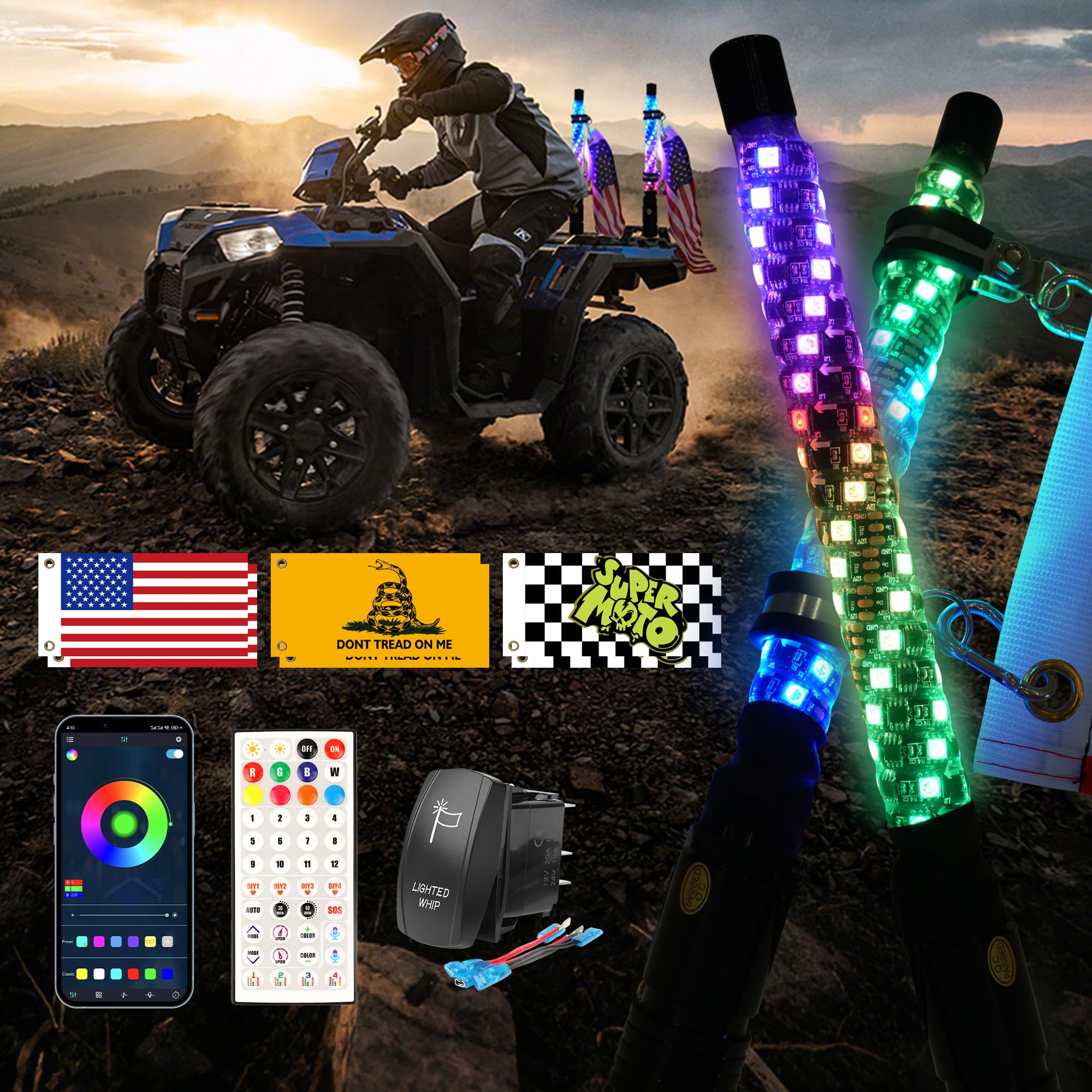 Photo 1 of 2PCS 1FT Whip Lights for UTV/ATV/RZR/Jeep, Rocker Switch & 6 Flags, Spiral RGB LED Light Whips Side by Side, Lighted Antenna Whips for SXS, Can-Am, Truck, Dune Buggy, Polaris