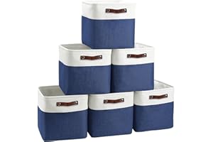 FinishingBo Cube Storage Baskets 6 Pack, 11x11 inch Foldable Cube Storage Bins with Leather Handles for Shelf Closet Nursery Toys (White/ Blue)