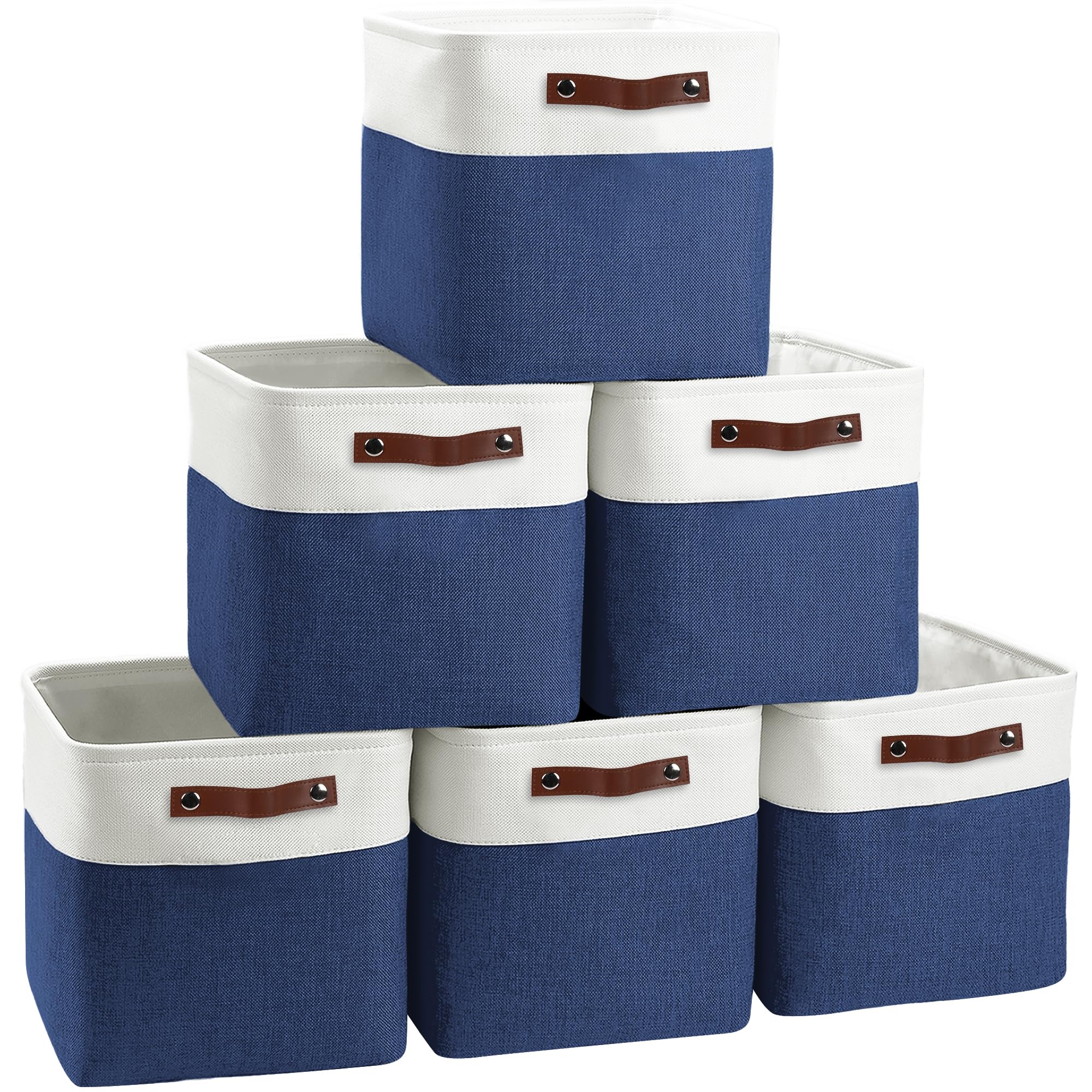 Photo 1 of (PARTIAL SET) (USED/FAIR) FinishingBo Cube Storage Baskets 6 Pack, 11x11 inch Foldable Cube Storage Bins with Leather Handles for Shelf Closet Nursery Toys (White/ Blue)