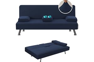 LiveGo Futon Cover 4 Pieces Stretch Futon Covers Sofa Bed Slipcover with Removable Armrests and Cupholders Covers Furniture Protector High Spandex Small Checks Jacquard Fabric (Navy Blue)