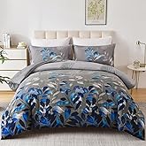 DJY Queen Comforter Set, Dark Grey Botanical Leaves Comforter Set Queen Size, 3 Pieces Reversible Blue Floral Bed Comforter Sets Soft Microfiber Bedding Comforter Set for All Season (90"x90")