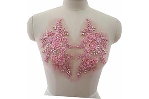 JINMOMOMO 2Pcs Embroidered Beads 3D Flower Applique Lace Fabric Collar Patches Sew Patch Wedding Bridal Gown Clothes Dress Decor DIY Crafts (Pink)