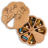 Makety Cute Pill Organizer, 7 Day Vitamin Holder with Magnetic Lid, Floral Design, Solid Oak Wood