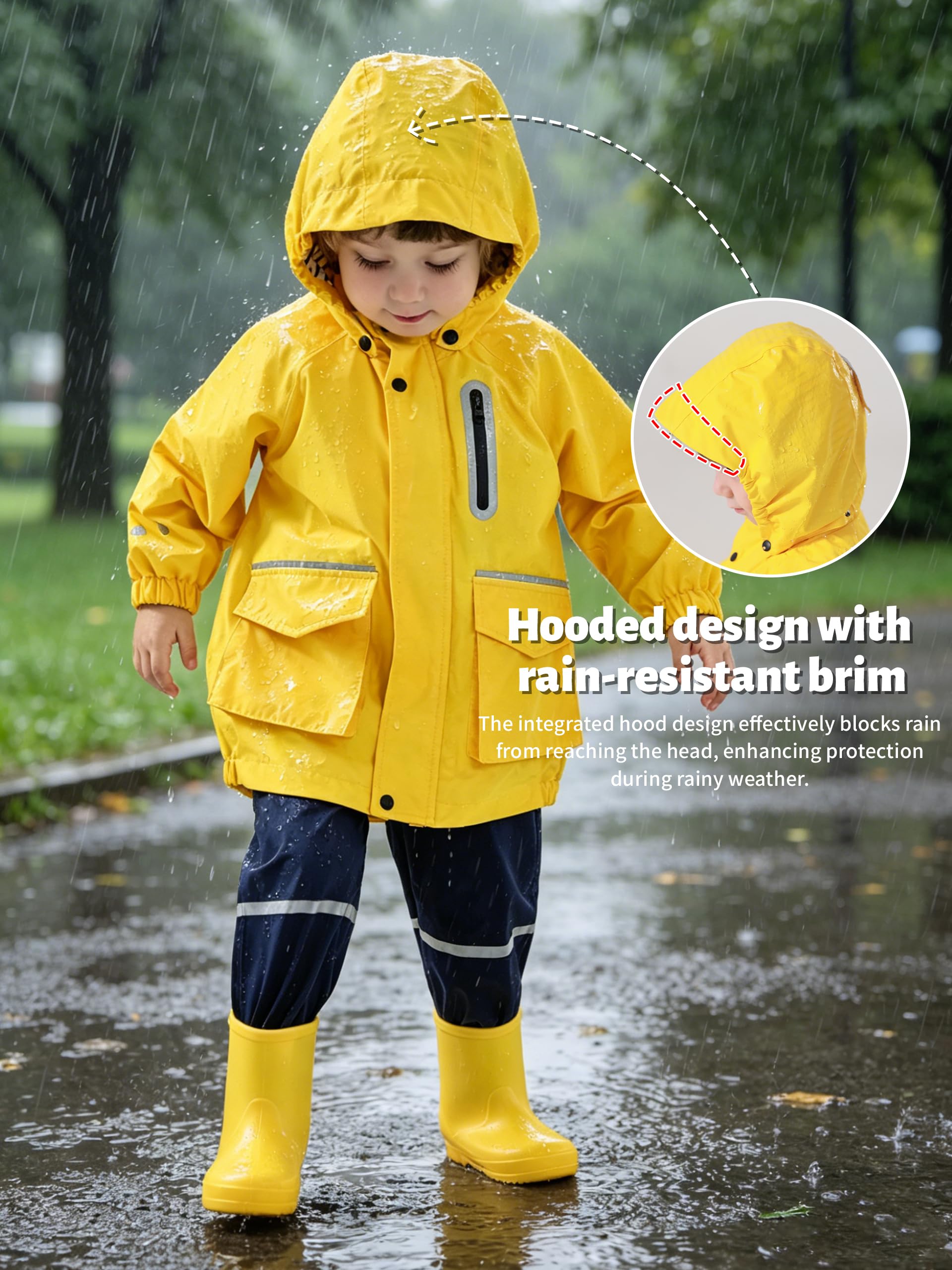 Volunboy Kinder Regenjacke Wasserdicht, Leichte Winddichte Jacke, Abnehmbare Kappe, Reflektorstreifen, Jungen & Mädchen 2-6 Jahre(Größe 100,2–3 Jahre,Gelb) 3