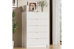 Furniway White Dresser for Bedroom, Modern Dresser with 5 Drawers and Smooth Slides, Wide Chest of Drawers with Golden Handles for Bedroom, Living Room, Closet, 15.7" D x 31.5" W x 47.2" H