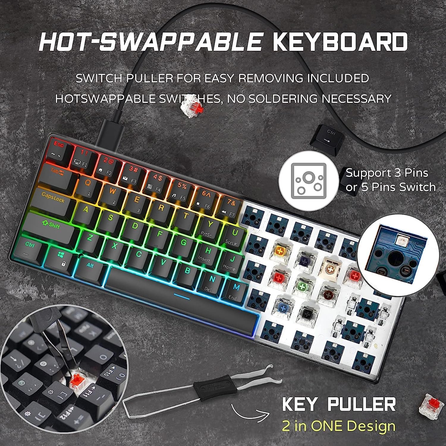 RK ROYAL KLUDGE RK61 Wired 60% Mechanical Gaming Keyboard Programmable QMK/VIA RGB Backlit 61 Keys Ultra-Compact Hot Swappable Red Switch Black