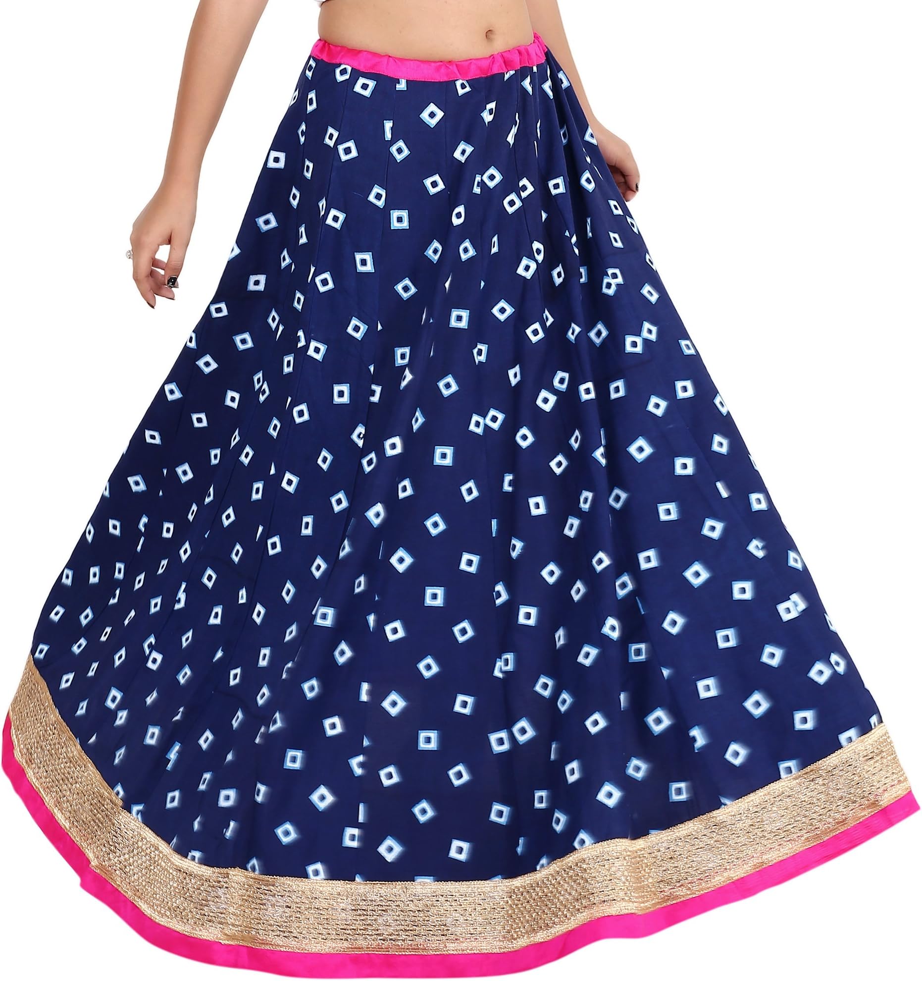 Gaurangi Indian Handwork Hippy Bohemian Long Skirt, Women's Indigo Designer Gold Hand Block Printed Floor Length Rayon Party Wear Skirt Lehanga