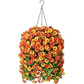 INXUGAO Artificial Flowers with Hanging Basket, Outdoor Faux Plants Silk Morning Glory Vines, Fake Green Arrangement for Garden Patio Spring Summer Decor(Orange)