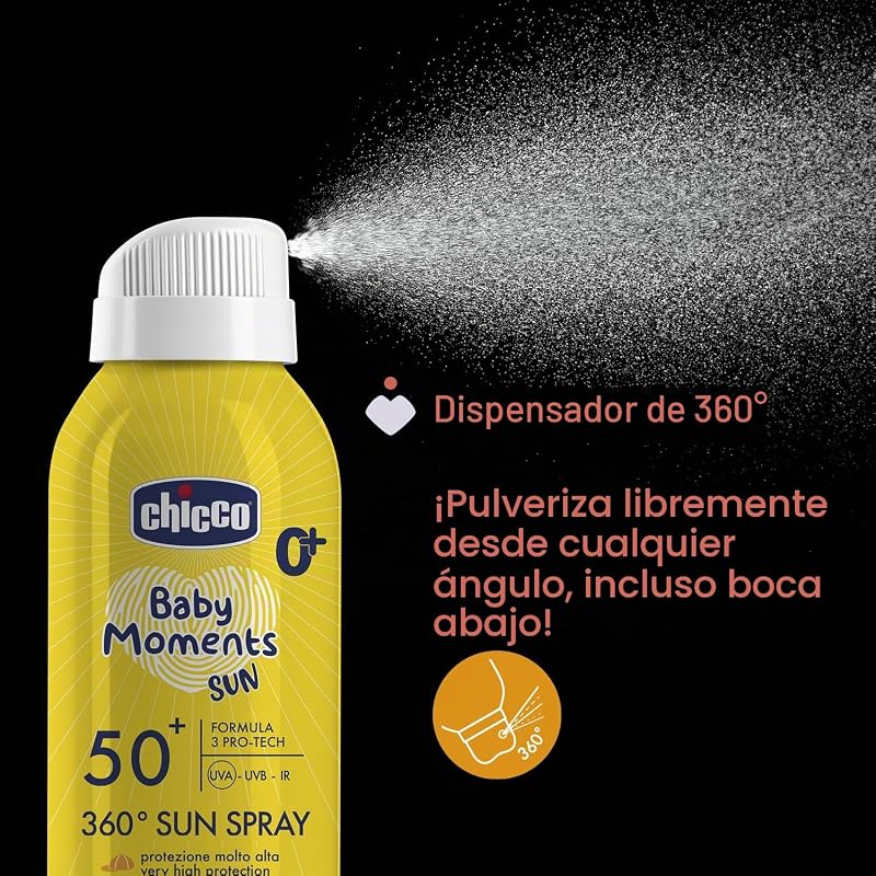 Spray solar con protección SPF 50+ para niños, resistente al agua, fácil de aplicar con sistema dispensador de 360°, protección contra los rayos UVA, UVB e infrarrojos, a partir de 0 m+, 150 ml