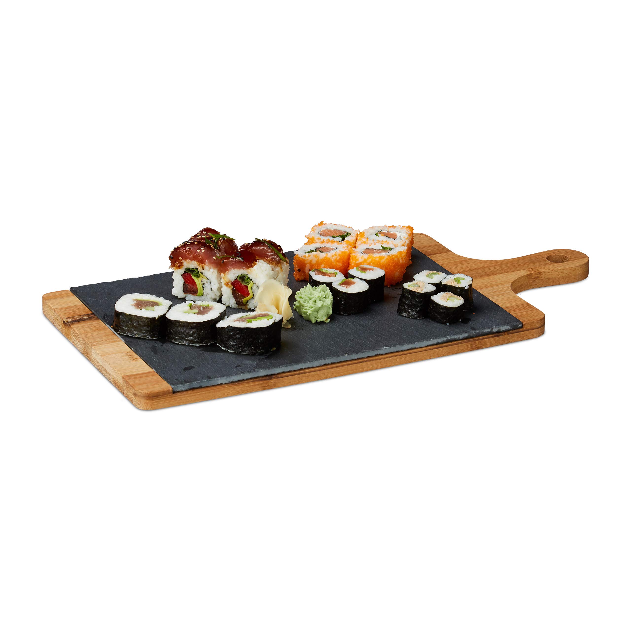 Relaxdays Serving Tray, Bamboo, Slate, Chopping Board, Handle, Rustic, HxWxD: 1.8 x 45 x 22.5 cm, Grey