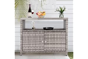 INTOBOO Outdoor Storage Cabinet, Wicker Rattan Storage Cabinet with 2 Doors, Shelves & Polystyrene Top, Durable and Versatile Storage for Patio, Pool, Garden, Indoor, Kitchen (Grey)