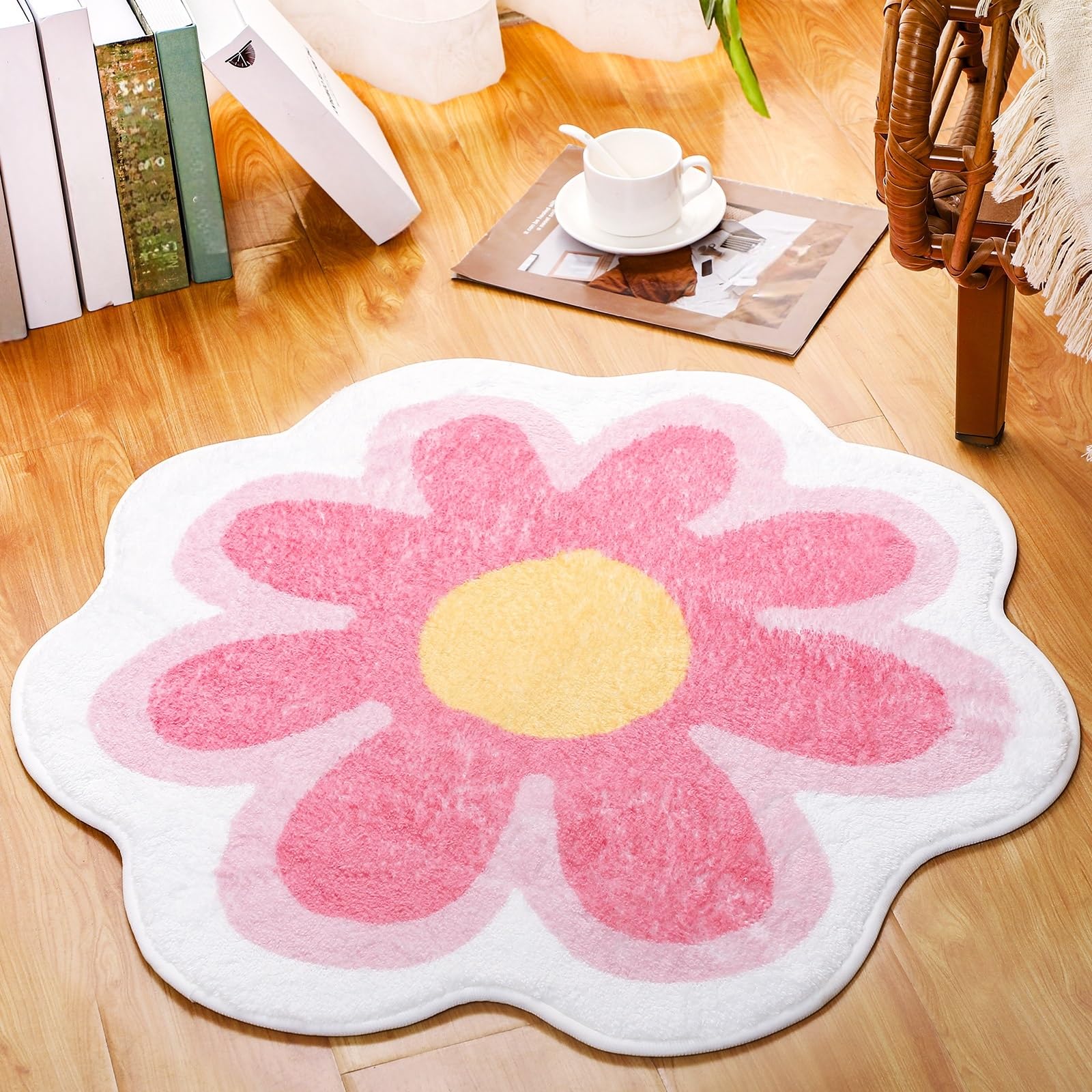 Photo 1 of Tinideya Aesthetic Cute Flower Round Area Rug Non Slip Circle Soft Fluffy Flower Rug Indoor Floor Mat Carpet for Girls Bedroom Bathroom Living Room Sofa Nursery Decor(Pink, 2 ft)