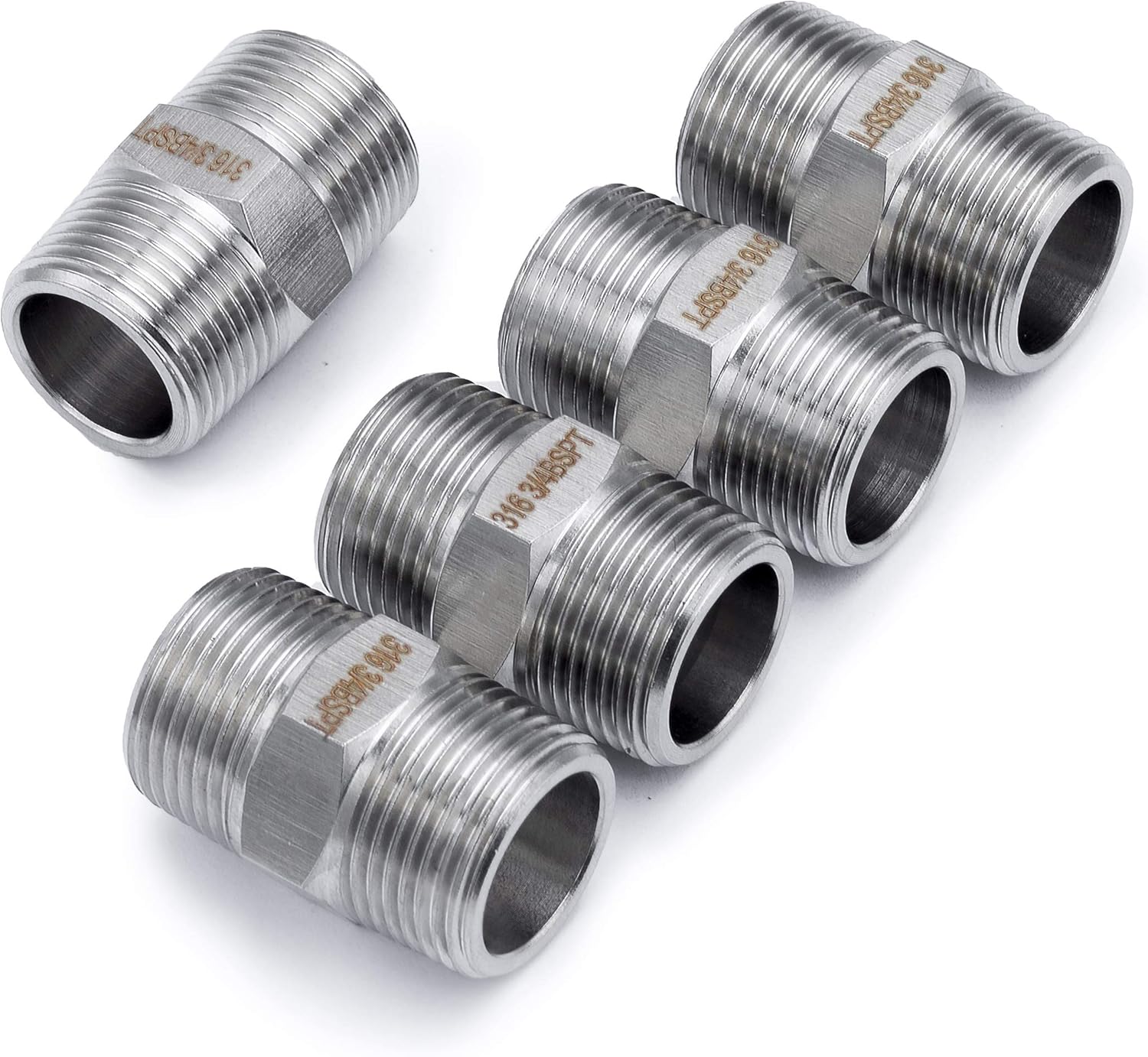 LTWFITTING Stainless Steel 316 Pipe Hex Nipple Fitting 3/4-Inch Male BSPT Air Fuel (Pack of 5), 3/4" Male BSPT