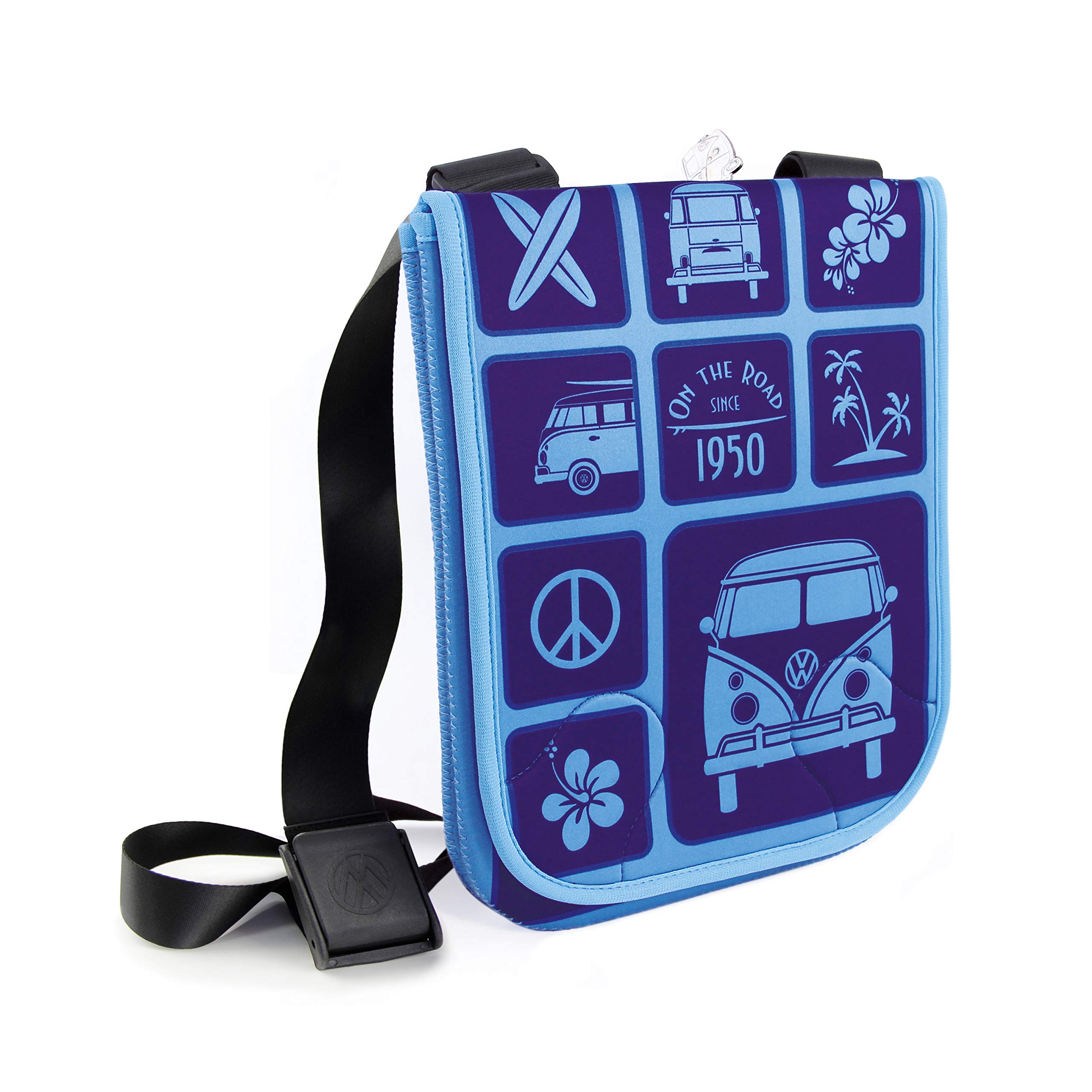 BRISA VW Collection Volkswagen Small Neoprene Shoulder Crossbody Culture Bag in Portrait Format in T1 Bus Campervan Design (Surf/Blue)