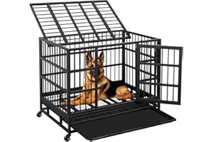 JY QAQA PET JY QAQA 38 Inch Heavy Duty Indestructible Dog Crate Double Doors Escape Proof Cage Kennel,Enhanced Metal Pet Cage,Extra Large XL XXL Crate Indoor for Large Dog with Removable Tray and Lockable Wheels