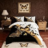 UEVBF Kids Bedding Queen Size Comforter Set,Black and Gold Butterfly Bedding Comforter Sets for Boys Girls Room Decor,Animal Themed Artistic Aesthetic Bedding Sets with 2 Pillowcases.