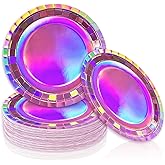 JarThenaAMCS 50Pcs Valentine's Day Iridescent Pink Paper Plates Holographic Hot Pink Disposable Plates 9 Inch Round Dinner Dessert Plates for Disco Bachelorette Birthday Party