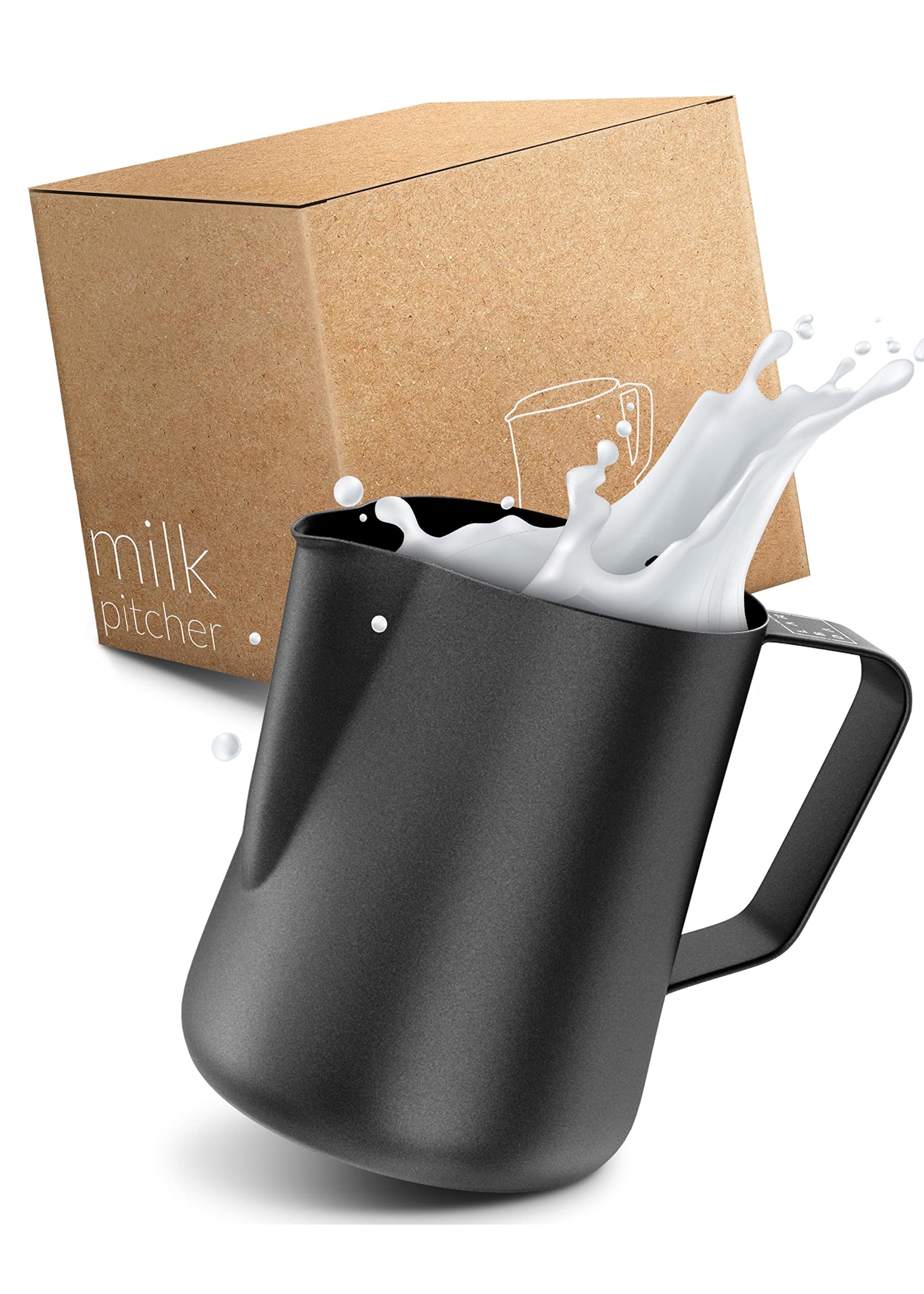 Lambda Coffee Milk Jug 350ml 12 fl.oz Stainless Steel I Black Teflon Coated Milk Frothing Jug for Barista Quality and Latte Art, Milk frother Jug and Milk jug for Coffee Machine
