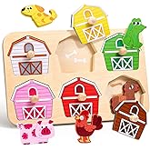 JoyCat Wooden Puzzles for Toddlers 1-3, Montessori Toys for 1 2 Year Old Boy Girl Birthday, Animal Match Farm Peg Puzzles, Pr