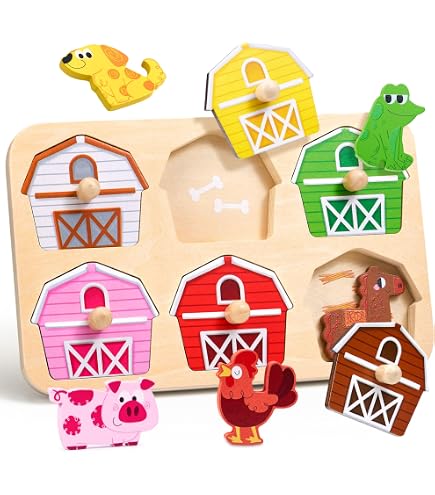 JoyCat Casse-tête en bois pour tout-petits de 1 à 3 ans, jouets Montessori pour garçon et fille de 1 à 2 ans, casse-tête d'animaux de ferme à chevilles, jouets d'apprentissage préscolaire pour