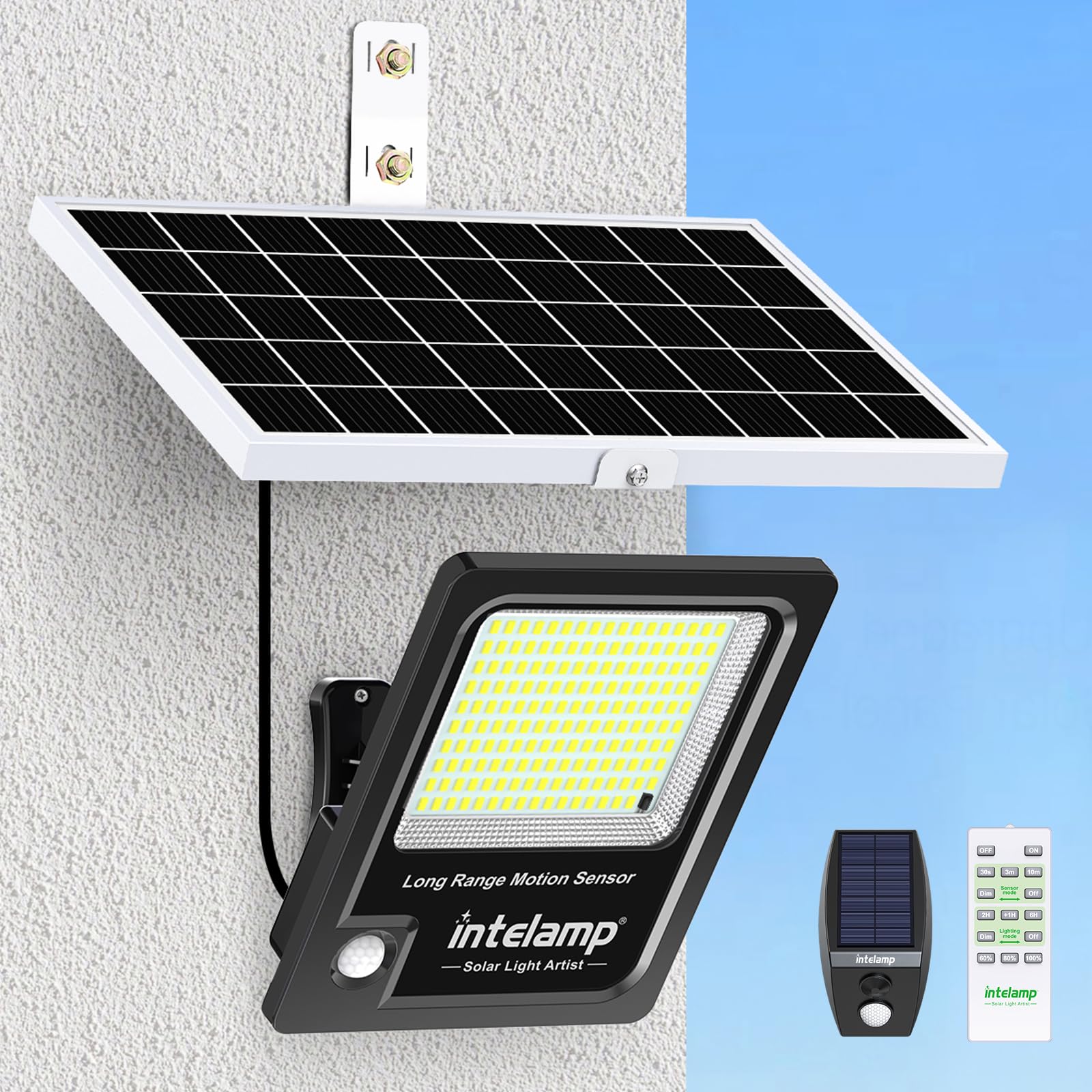 intelamp Solar Security Lights Outdoor 3000LM, IP65 Waterproof Motion Sensor Flood Light with Separate Trigger Sensor & Smart Linked Lighting, 12,000mAh Battery, 5M Cable for Garden, Garage, Black