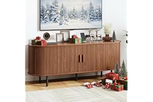 COMFYCORNER TV Stand with Power Outlet, Mid-Century Modern Television Stand, Media Console with Sliding Doors, Entertainment Center for TVs up to 60 Inch, Adjustable Shelves, Walnut