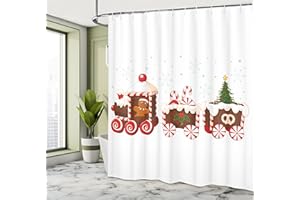 Ambesonne Christmas Shower Curtain, Train with Gingerbread Cream Candy Cartoon Toys Snowflakes Presents, Cloth Fabric Bathroom Decor Set with Hooks, 69" W x 70" L, Red Brown