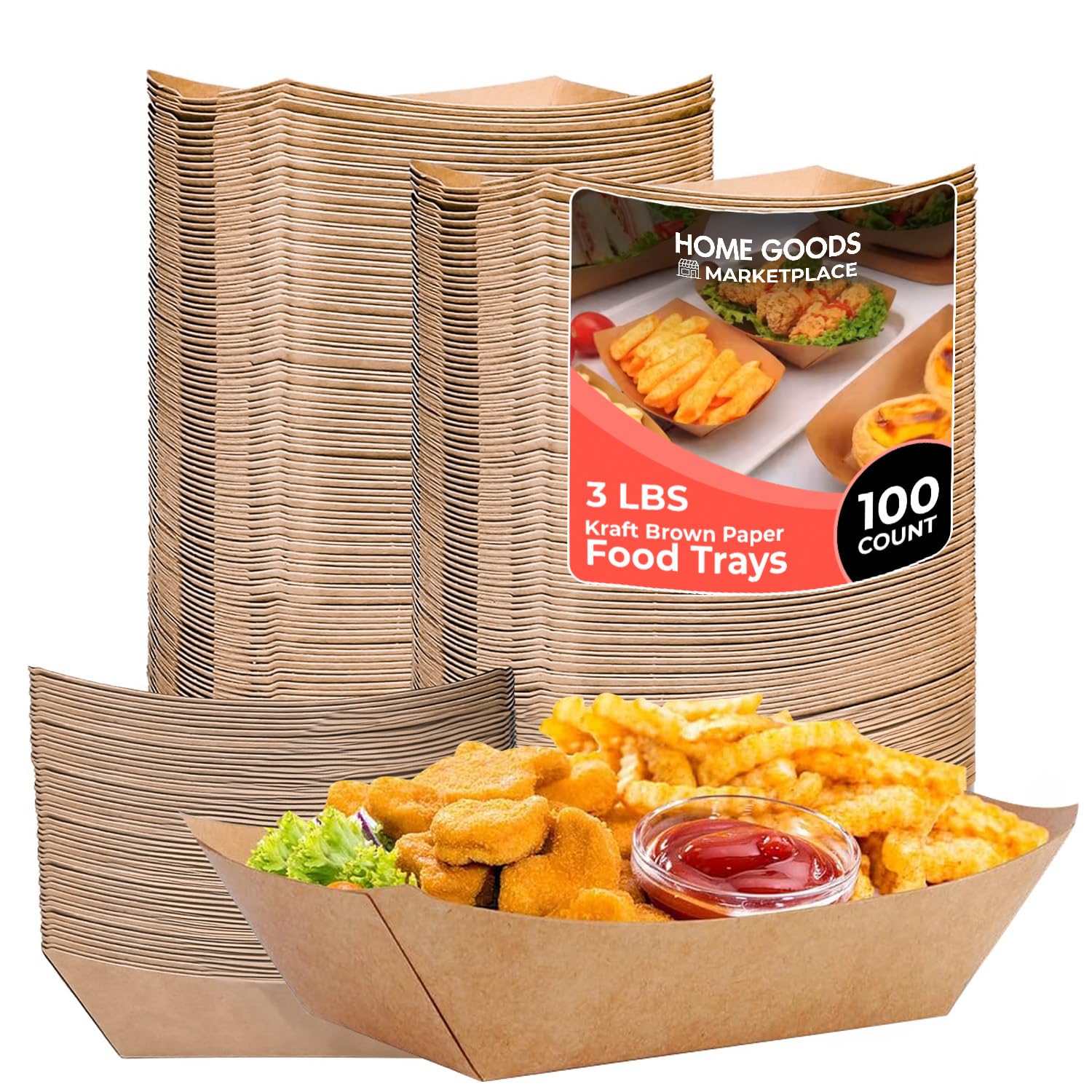 Photo 1 of HOME GOODS MARKETPLACE Kraft Paper Food Trays, 3lb Leak Resistant Trays, 100 Count, Great for Everything from Fries and Burgers to Salads and Desserts, 100 Brown Trays