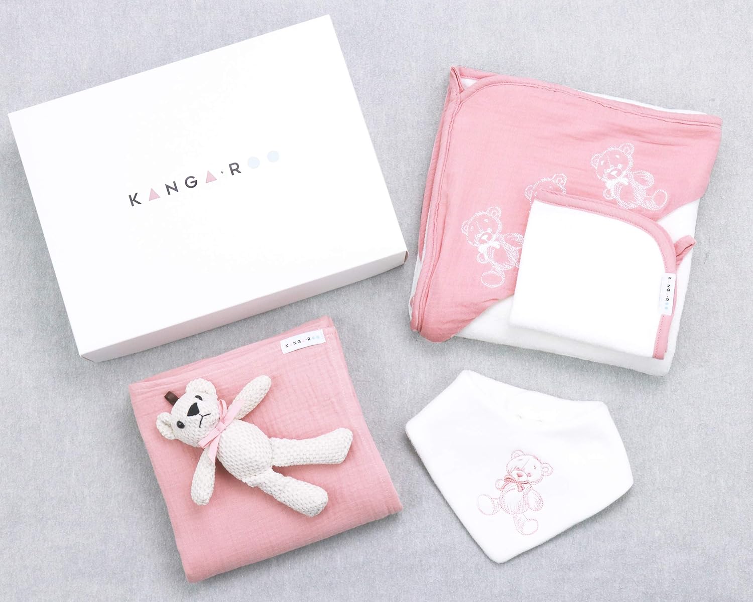 Newborn Baby Gift Basket Set - Shower Gift for Girls. 5 Piece Set. Large Hooded Baby Towel, Washcloth, Cotton Swaddle and Teddy Bear. (Pink) : Baby