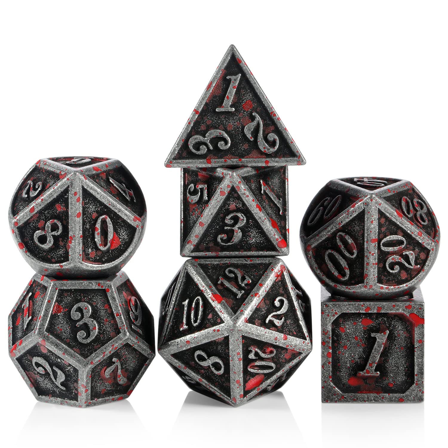Acient Silver Bloodstained Metal Dice Set DND, DNDND 7PCS Metallic Halloween Die with Metal Case for Dungeons and Dragons Tabletop Games — image 1