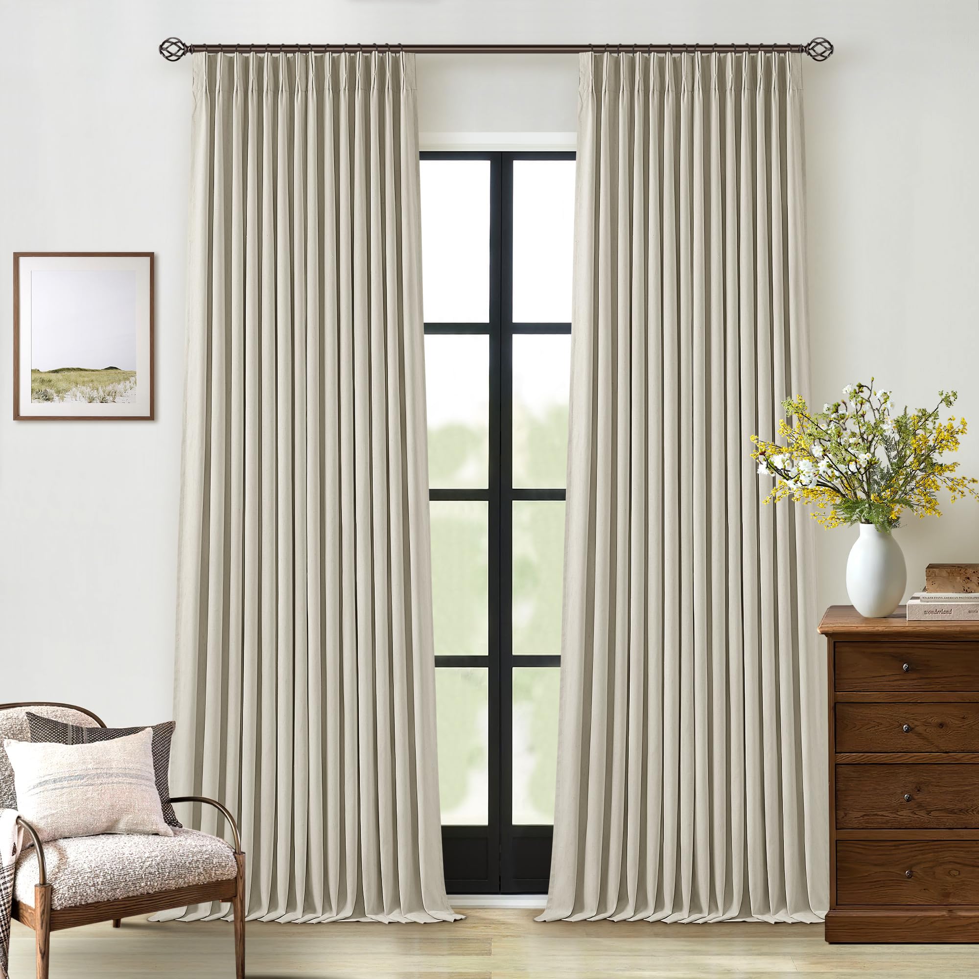 Photo 1 of Beige Blackout Linen Curtains 108 Inches Long for Bedroom Pinch Pleated Black Out Curtains Lined 2 Layers Memory Shape Noise Reducing Rustic Farmhouse Living Room Darkening Window Drapes Oatmeal