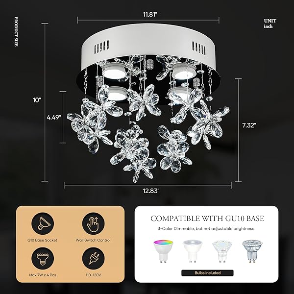 AOL FURIN 4-LIGHTS MODERN CHANDELIER K9 CRYSTAL LIGHTING FIXTURE,11.8 INCH ROUND SILVER STAINLESS STEEL FLUSH MOUNT CEILING LIGHTS FOR BEDROOM FOYER HALLWAY DINING ROOM,GU10 BULBS INCLUDE