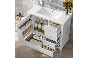 Siemd 36" Bathroom Vanity with Ceramic Sink and Solid Wood Frame & Legs, Bathroom Storage Cabinet with Drawers and Single-Doo
