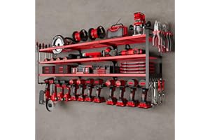 NattyDot Large Power Tools Organizer Wall Mount,12 Drill Holder for Garage, Workshop Heavy Duty Storage Rack (Red)