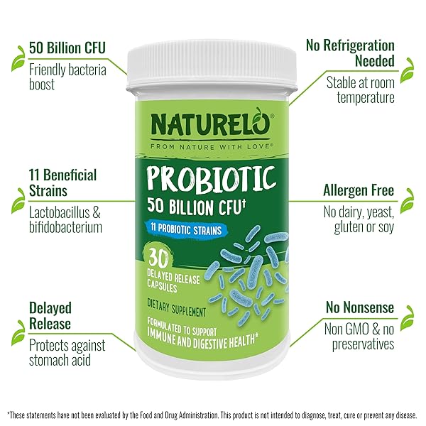 NATURELO PROBIOTICS FOR DIGESTIVE HEALTH, 50 BILLION CFU, 30 VEGETARIAN CAPSULES, 11 STRAINS, DAILY USE SUPPLEMENT, DELAYED RELEASE, NO-FRIDGE, HELPS BOOST IMMUNE SYSTEM, PROBIOTICS FOR WOMEN & MEN