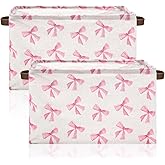 Weysat 2 Pcs Coquette Bow Storage Basket Collapsible Toy Storage Bins Waterproof Canvas Organizer with Leather Handles for Home Closets Offices, Bedrooms, Toy and Gift Baskets