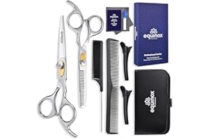 EQUINOX INTERNATIONAL Equinox Professional Hair Scissors Set - Premium Essential Kit, Includes Hair Cutting Scissors, Thinning Shears, Straight Razor, Basic Comb, Cleaning Cloth, & Sandpaper - Hair Salon & Barber Supplies