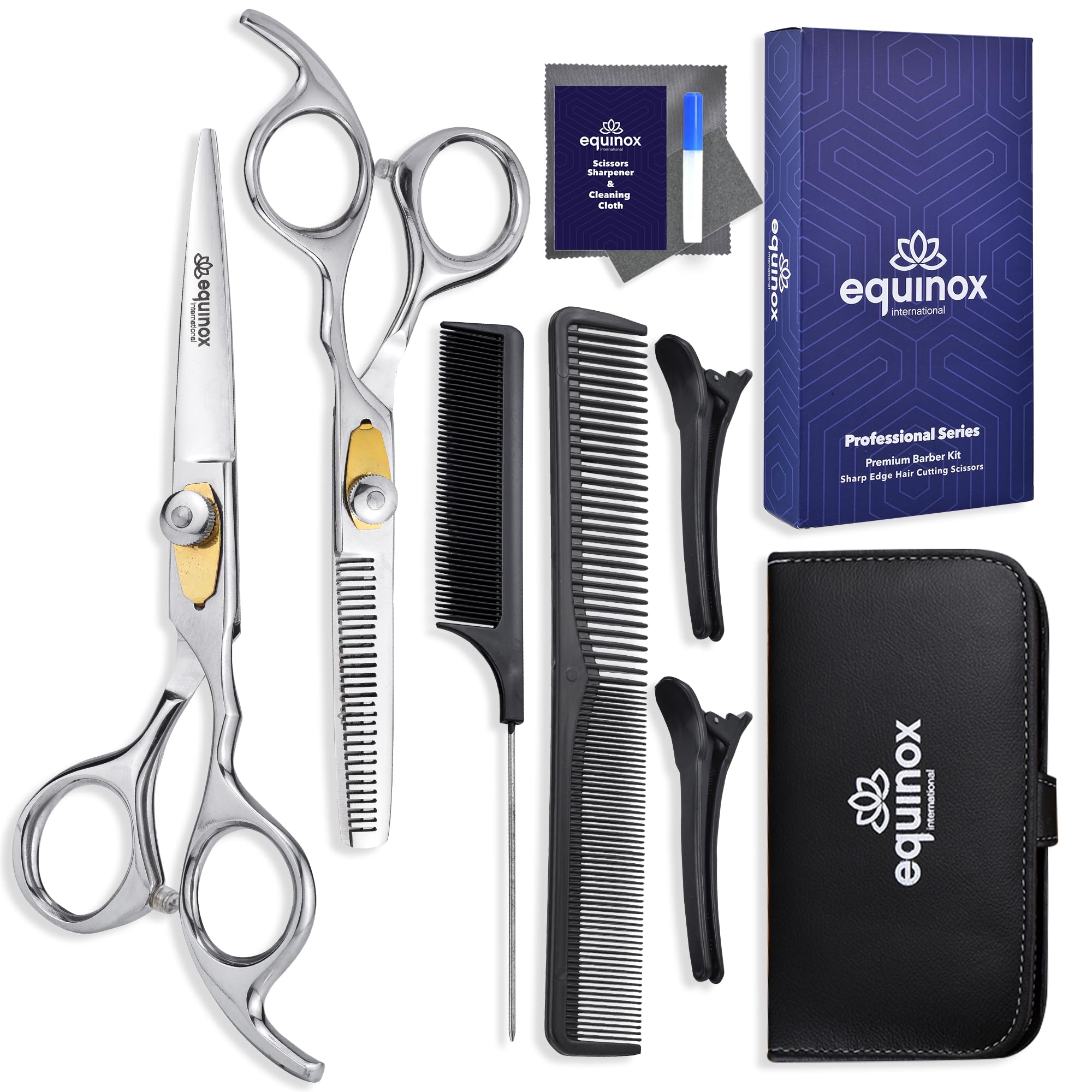 Photo 1 of Equinox Professional Hair Scissors Set - Premium Essential Kit, Includes Hair Cutting Scissors, Thinning Shears, Straight Razor, Basic Comb, Cleaning Cloth, & Sandpaper - Hair Salon & Barber Supplies
