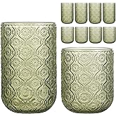 WeirdUncle Set of 8 Vintage Embossed Glassware,4 Highball Glasses 14oz & 4 Rocks Drinking Glasses 9oz, Art Deco, for Wine, Water, Cocktail, Juice, Whiskey, Gift (Green)
