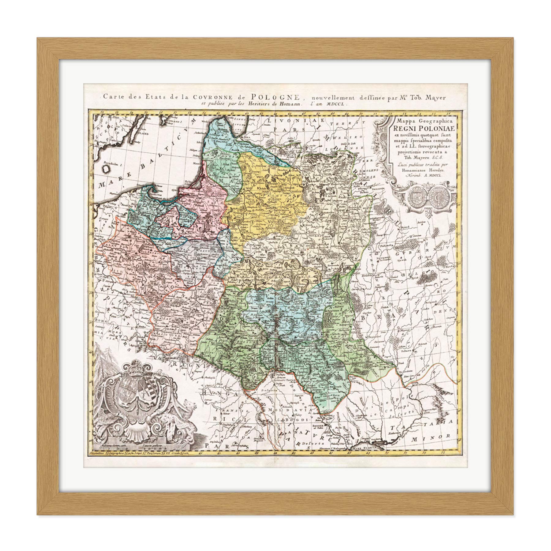 Map Antique 1750 Homann Poland Old Historic Replica Square Wooden Framed Wall Art Print Picture 16X16 Inch